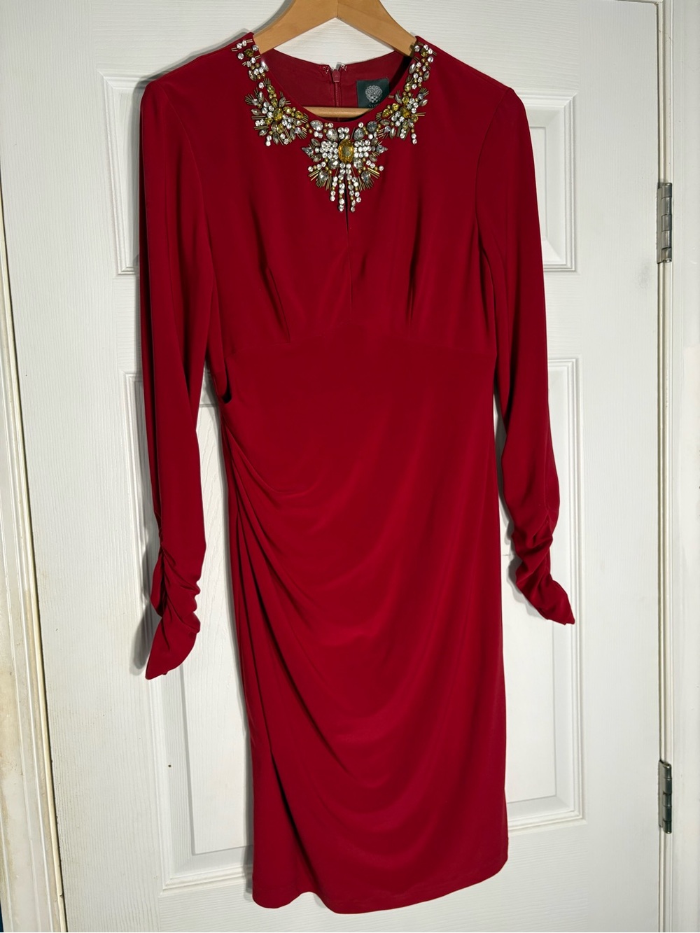 Vince Camuto Red Jeweled-Neck Long Sleeve Sheath Dress